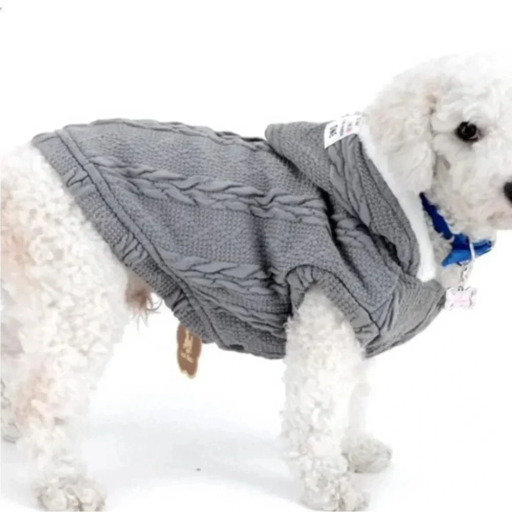 NWOT GREY W WHITE FUR LINED CABLE KNIT SWEATER WITH HOOD FOR DOG SIZE XS